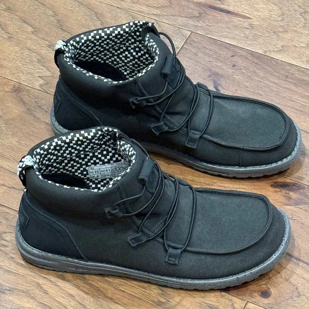 Hey Dude Scott Carbon Black Leather Mid Top Boots Mens 10 Excellent Condition